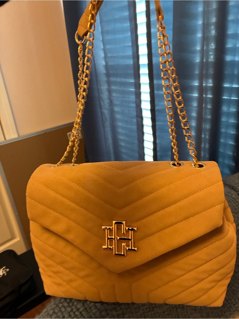 Quilted Chain-Handle Shoulder Bag in Mustard Yellow